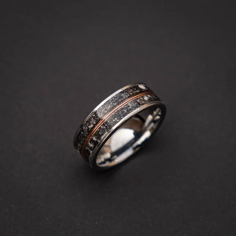 Glow in the dark tungsten ring with meteorite and 18k golden wire