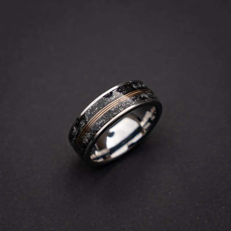 Glow in the dark tungsten ring with meteorite and 18k golden wire