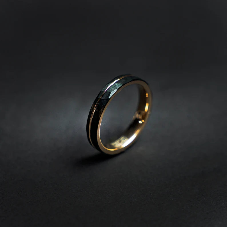 Hammered black tungsten rose gold ring
