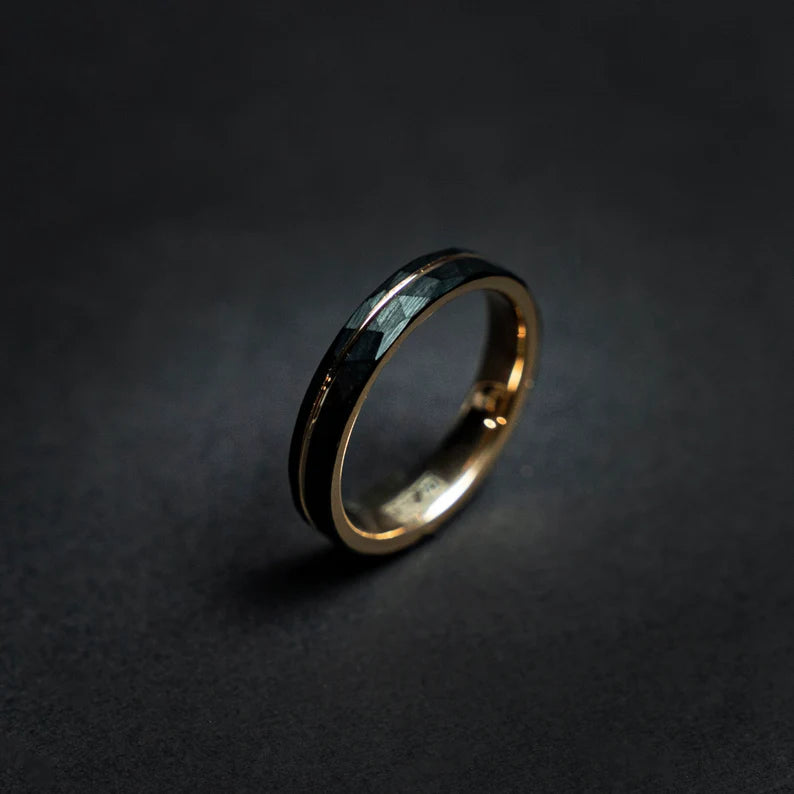 Hammered black tungsten rose gold ring