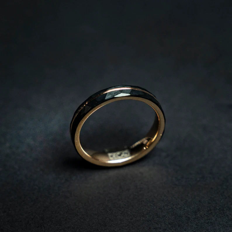 Hammered black tungsten rose gold ring