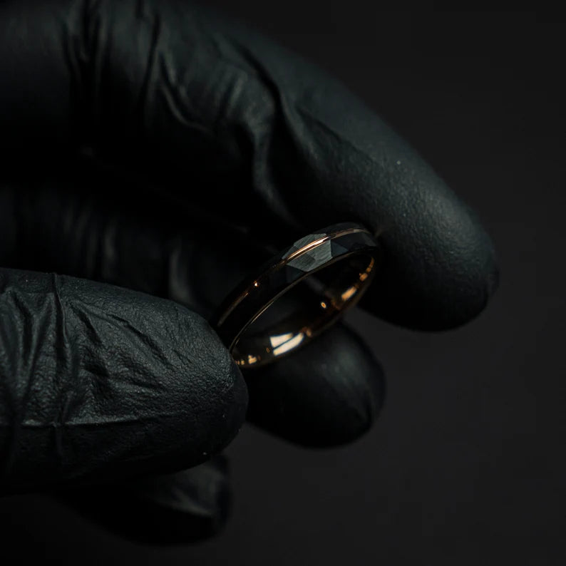 Hammered black tungsten rose gold ring
