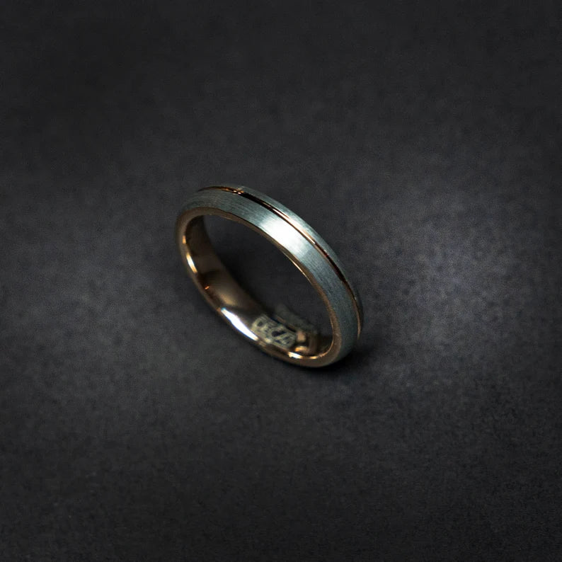Rose golden tungsten ring with silver finish