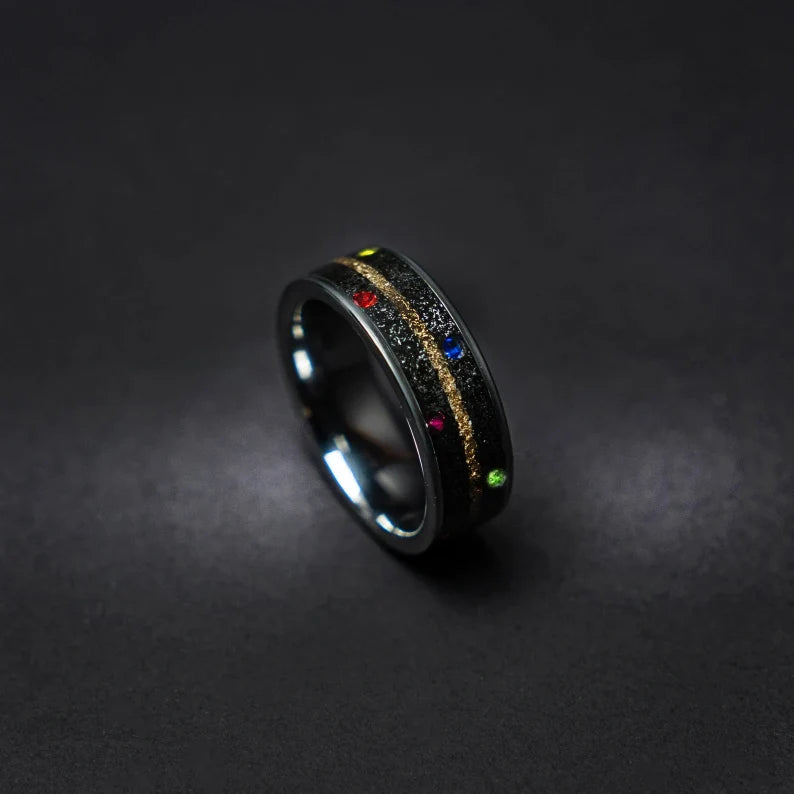 Tungsten ring with cubic zirconia stones, mokume gane and meteorite