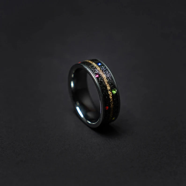 Tungsten ring with cubic zirconia stones, mokume gane and meteorite