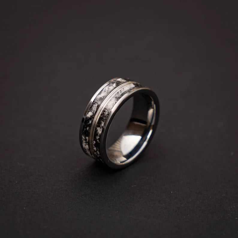 Glow in the dark tungsten ring with meteorite and 18k golden wire