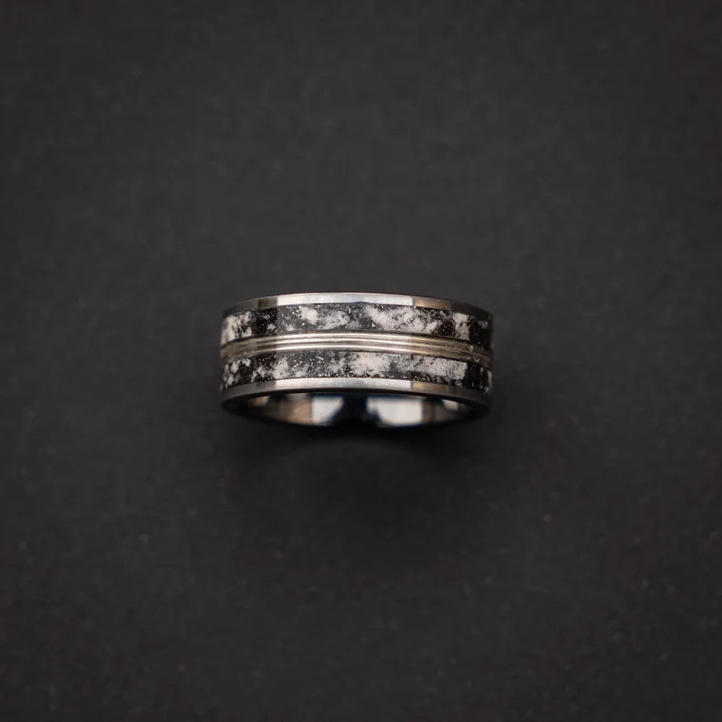 Glow in the dark tungsten ring with meteorite and 18k golden wire