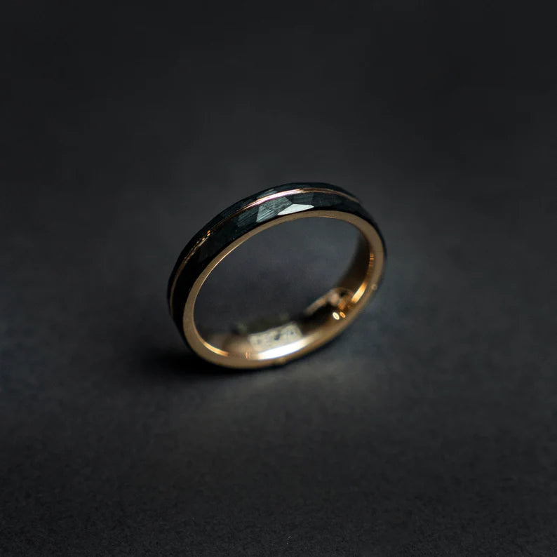 Hammered black tungsten rose gold ring