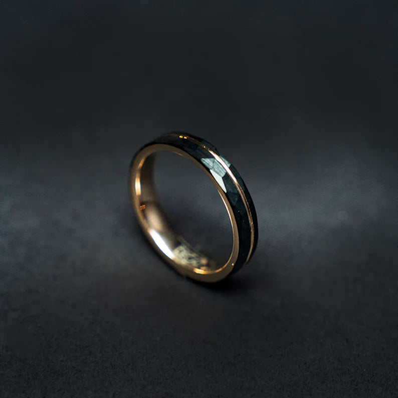 Hammered black tungsten rose gold ring