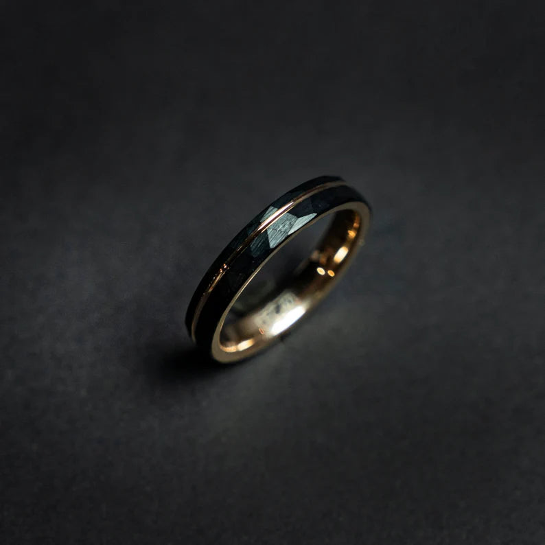 Hammered black tungsten rose gold ring