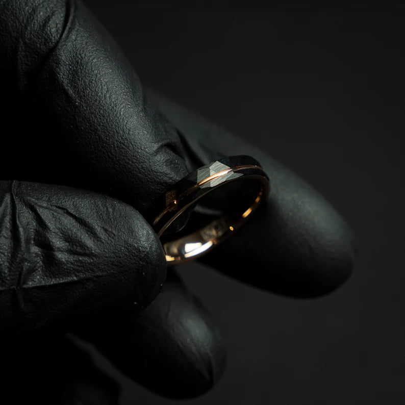 Hammered black tungsten rose gold ring