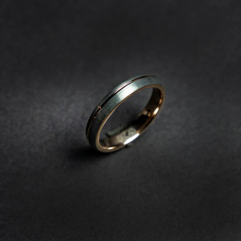 Rose golden tungsten ring with silver finish