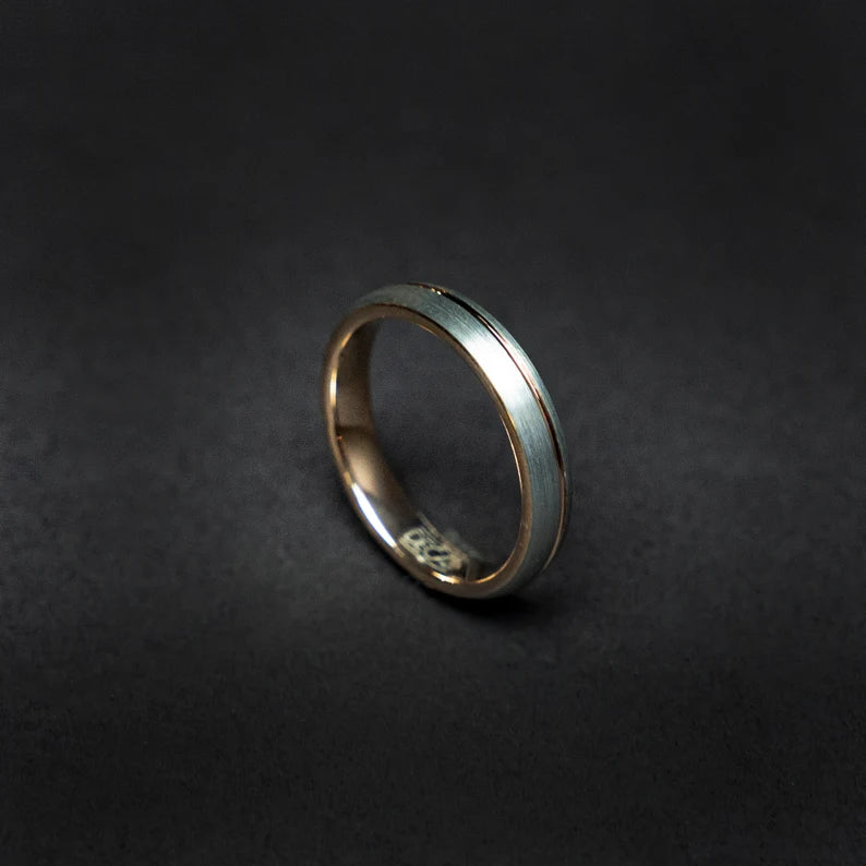 Rose golden tungsten ring with silver finish