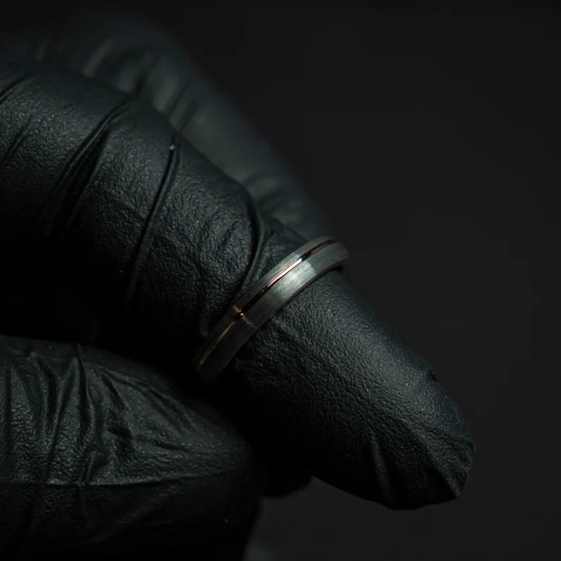 Rose golden tungsten ring with silver finish