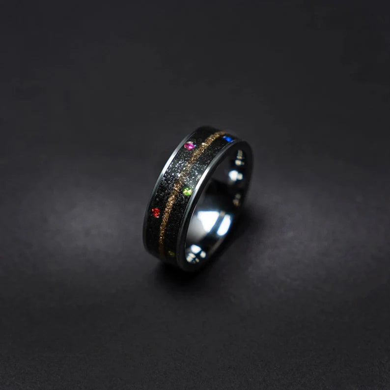 Tungsten ring with cubic zirconia stones, mokume gane and meteorite