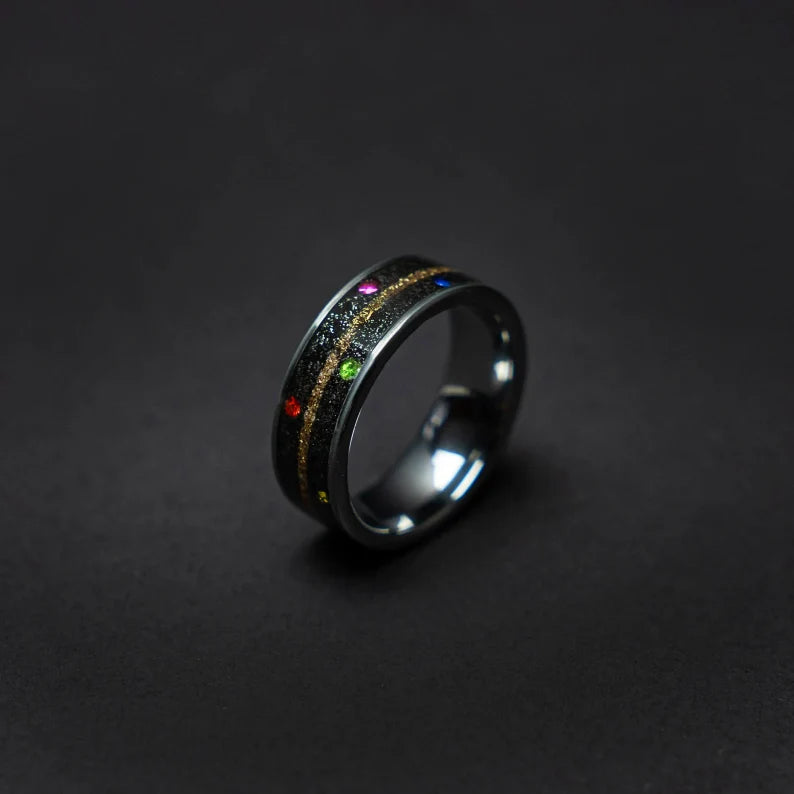 Tungsten ring with cubic zirconia stones, mokume gane and meteorite