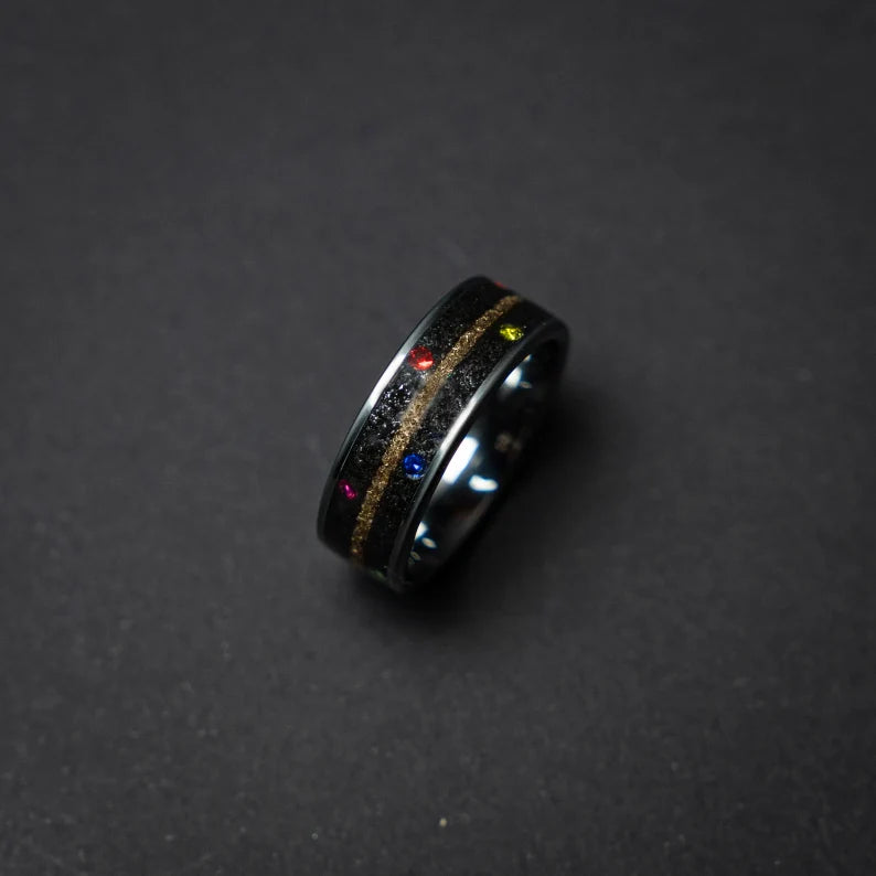 Tungsten ring with cubic zirconia stones, mokume gane and meteorite