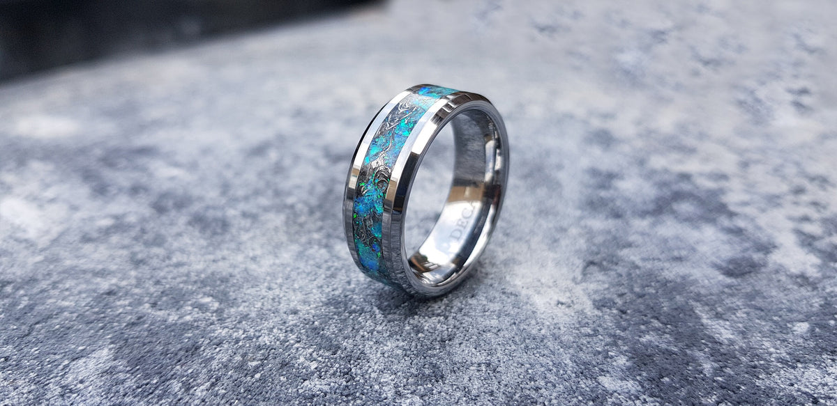 mens opal ring. Tungsten ring for men. meteorite opal ring. unique opal ring. unique tungsten ring