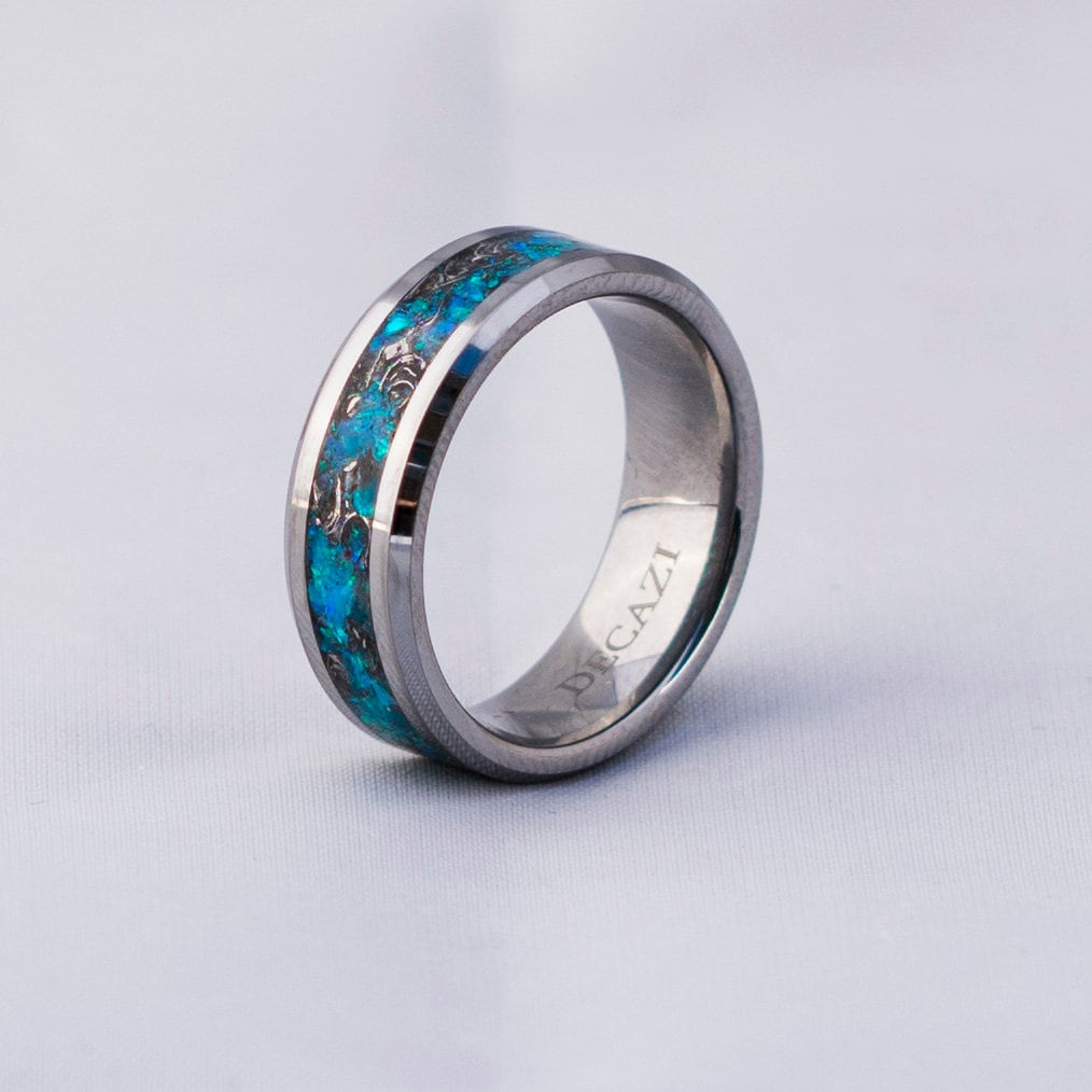 mens opal ring. Tungsten ring for men. meteorite opal ring. unique opal ring. unique tungsten ring