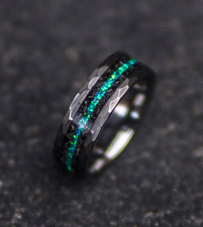 Men's Meteorite Tungsten Ring, Unique Wedding Band For Him, Opal Anniversary Ring, Meteorite Engagement Ring for Men, Opal Gemstone Jewelry