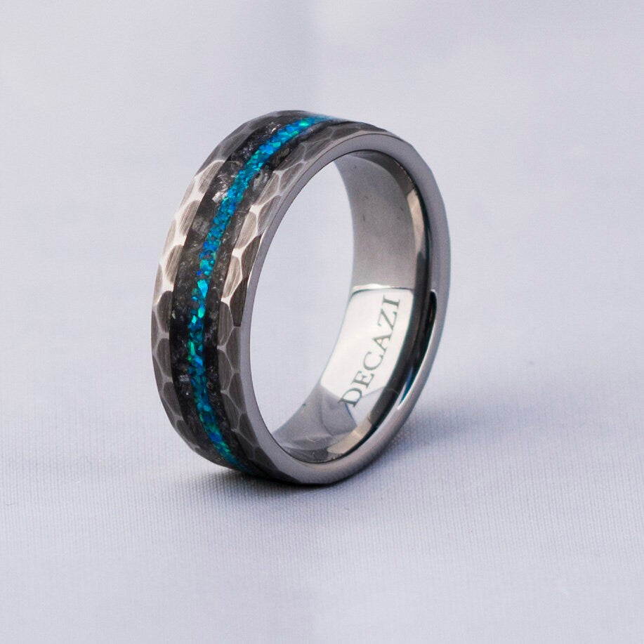 hammered ring, mens wedding band, Galaxy opal ring, man ring, Meteorite ring, Opal wedding ring, engagement ring men, gift for him | Decazi