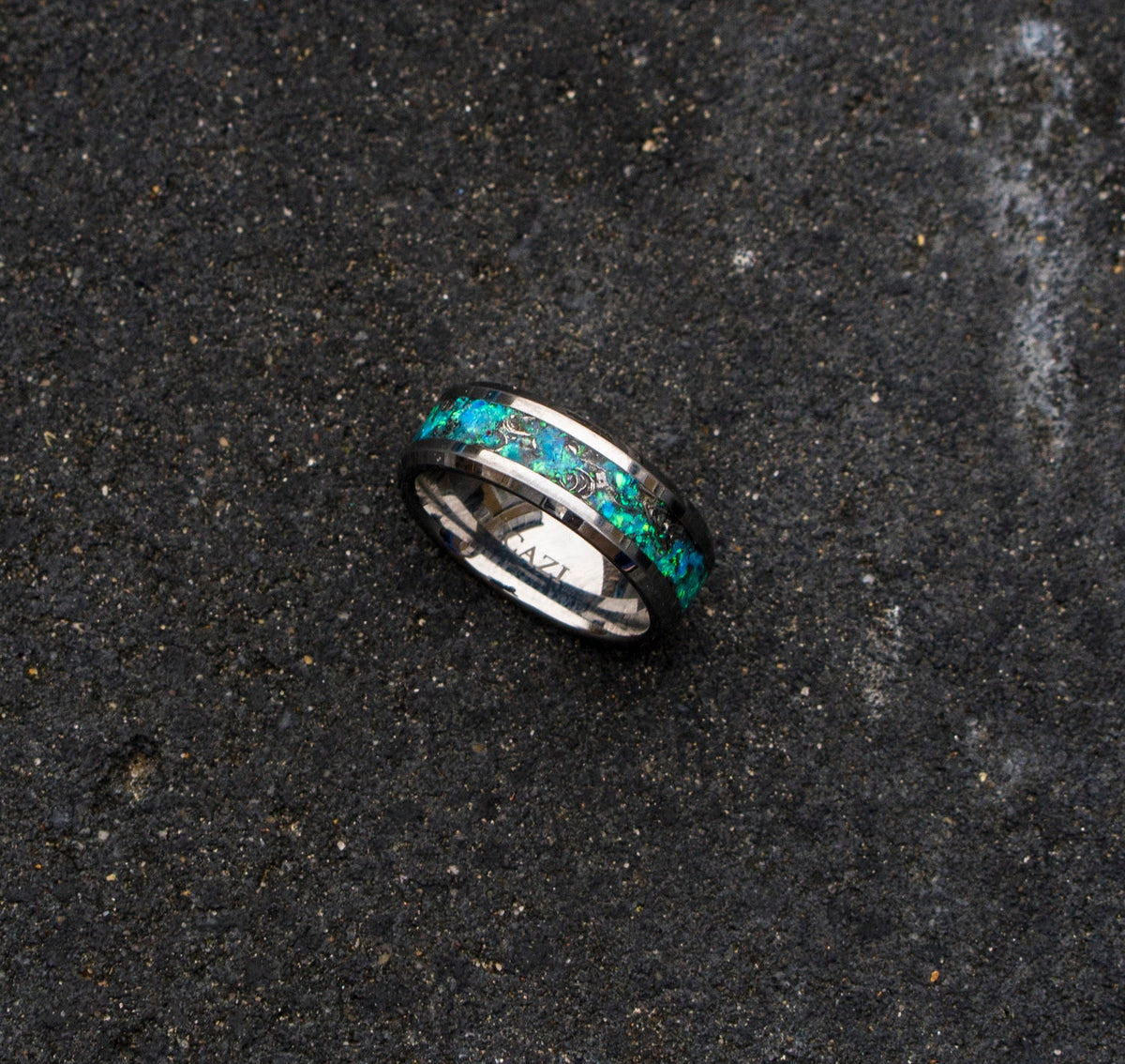 mens tungsten ring. mens opal ring. Tungsten rings. meteorite opal ring. unique opal ring. unique tungsten ring