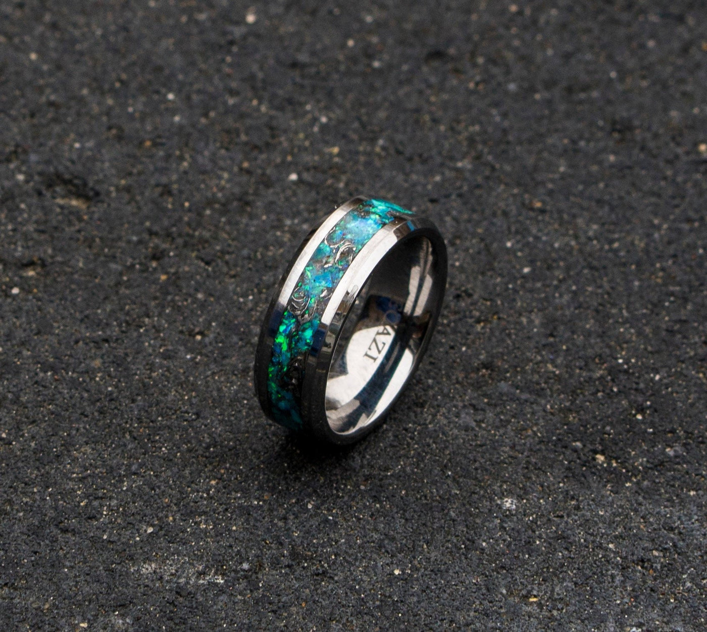 mens tungsten ring. mens opal ring. Tungsten rings. meteorite opal ring. unique opal ring. unique tungsten ring