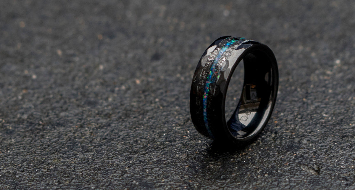 Black Hammered Ceramic Meteorite Ring, Men's Wedding Band, Opal Engagement Ring, Promise Ring for Boyfriend, Custom Tungsten Ring for Him