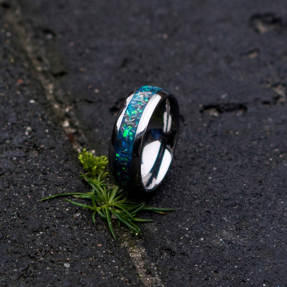 Domed tungsten ring. mens opal ring. Tungsten ring for men. meteorite opal ring. unique opal ring. unique tungsten ring