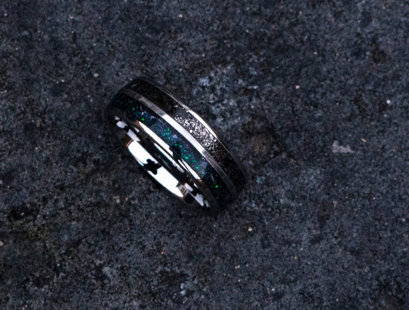 Double Inlay Tungsten Ring, Meteorite Inlay Wedding Band, Unisex Wedding Ring, Galaxy Wedding Band