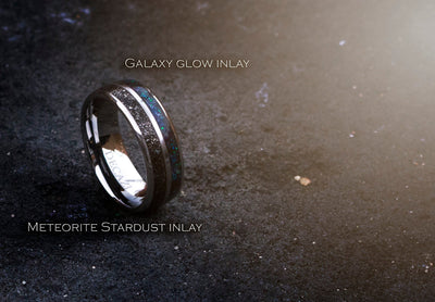 Double Inlay Tungsten Ring, Meteorite Inlay Wedding Band, Unisex Wedding Ring, Galaxy Wedding Band