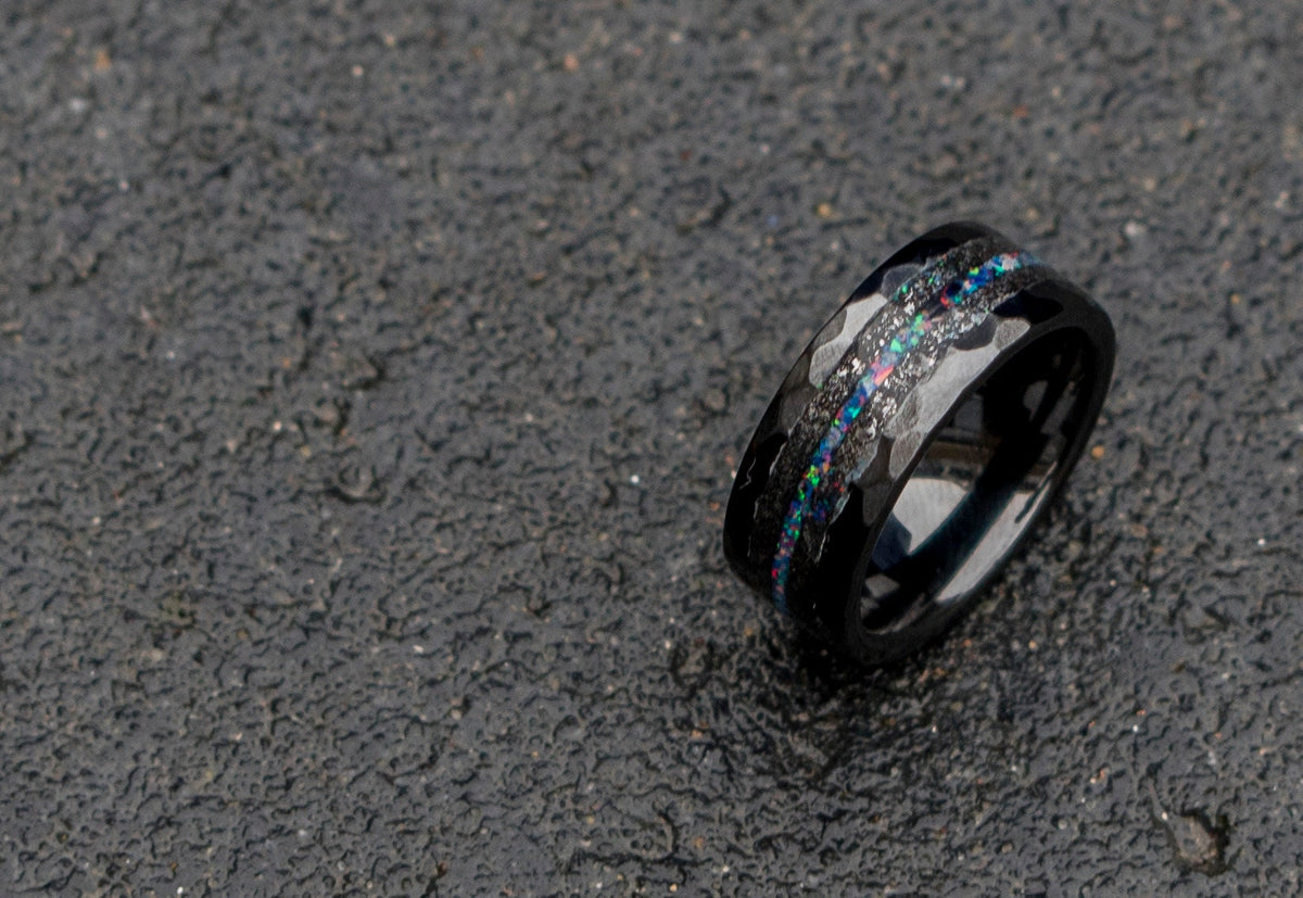 Black Hammered Ceramic Meteorite Ring, Men's Wedding Band, Opal Engagement Ring, Promise Ring for Boyfriend, Custom Tungsten Ring for Him