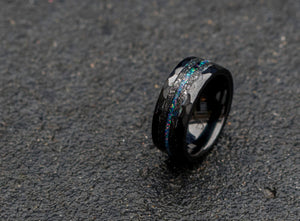 Black Hammered Ceramic Meteorite Ring, Men's Wedding Band, Opal Engagement Ring, Promise Ring for Boyfriend, Custom Tungsten Ring for Him