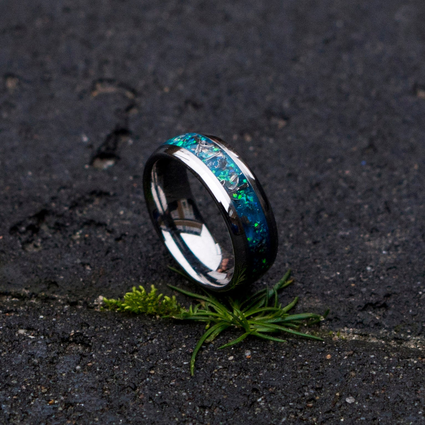Domed tungsten ring. mens opal ring. Tungsten ring for men. meteorite opal ring. unique opal ring. unique tungsten ring