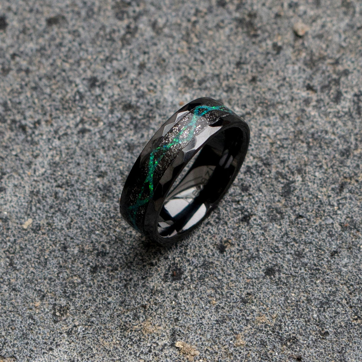 Black Ceramic ring with meteorite and galaxy opal, wedding band, engagement ring