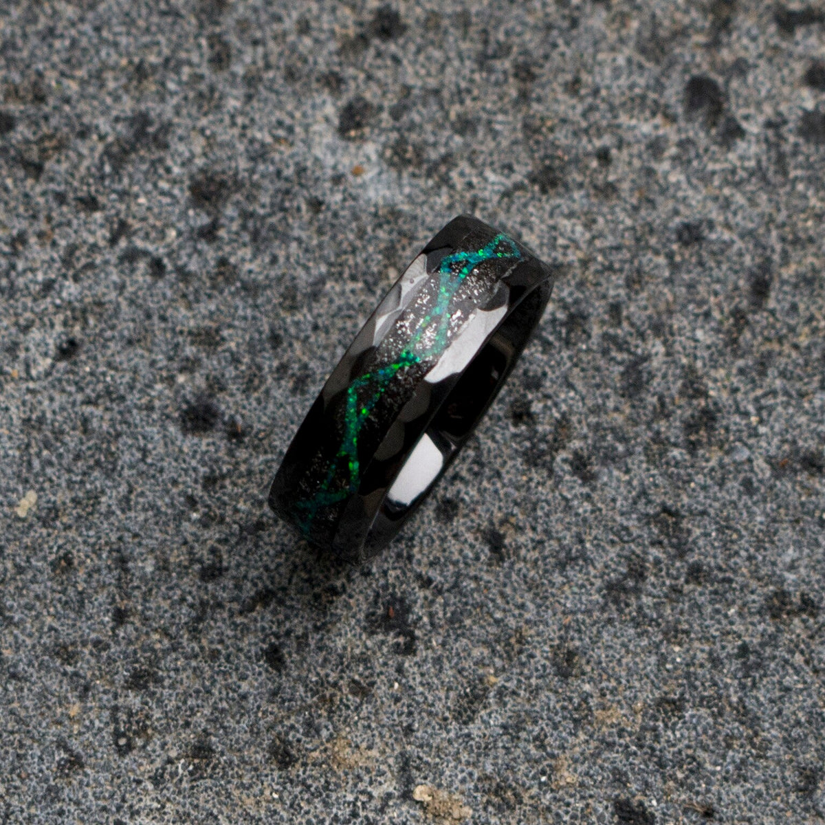 Black Ceramic ring with meteorite and galaxy opal, wedding band, engagement ring