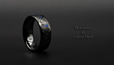 Galaxy opal ring, Black ceramic ring, galaxy ring jewelry, meteorite ring etsy, custom opal ring, hammered rings for men, mens opal ring.