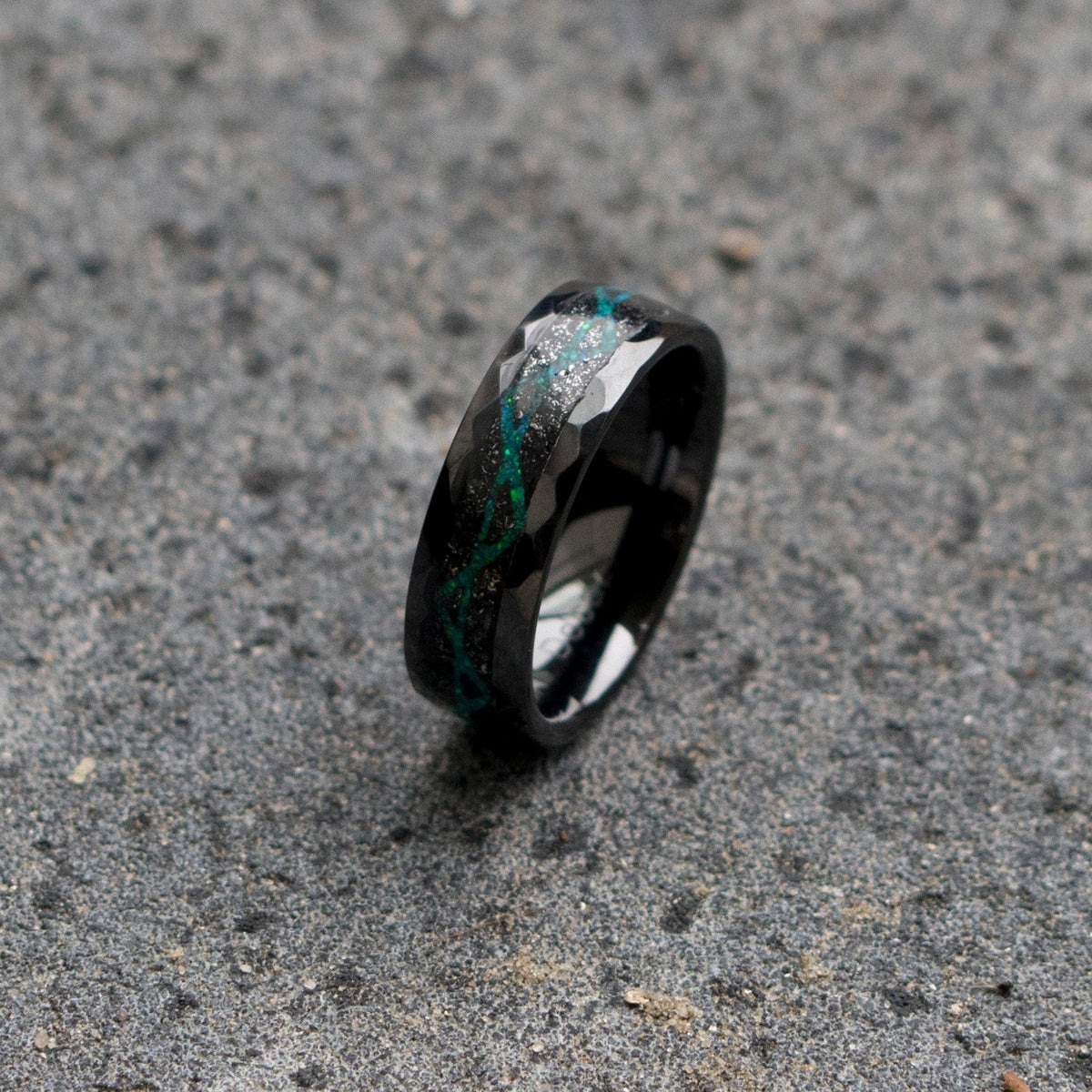 Black Ceramic ring with meteorite and galaxy opal, wedding band, engagement ring