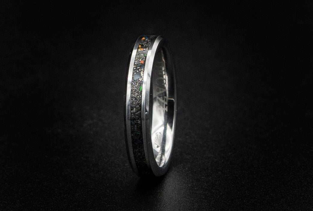 Meteorite ring men, mens wedding band, galaxy opal ring, mens ring, wedding band mens, 4mm tungsten ring, stackable ring, simple mens ring