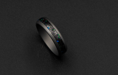 mens meteorite wedding band, galaxy opal ring, red opal, green opal, sandblasted tungsten ring, gunmetal ring, Muonuonalusta meteorite dust.