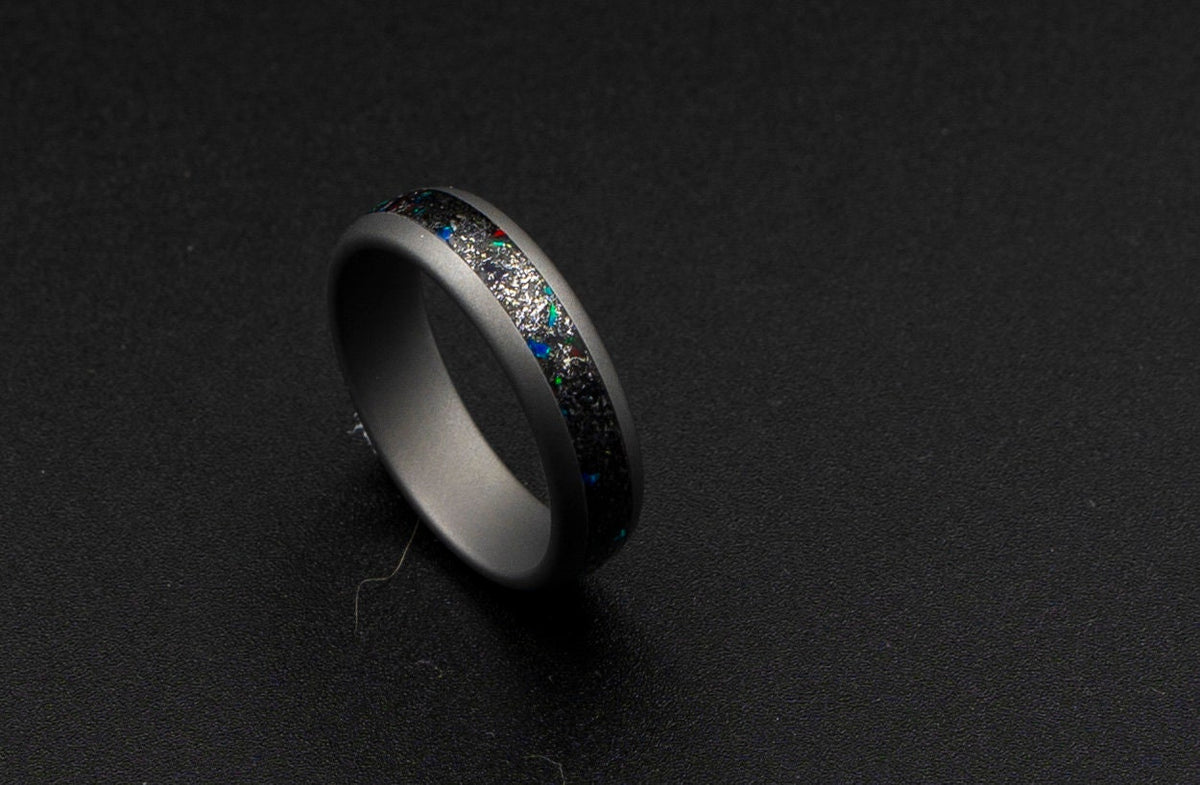 mens meteorite wedding band, galaxy opal ring, red opal, green opal, sandblasted tungsten ring, gunmetal ring, Muonuonalusta meteorite dust.