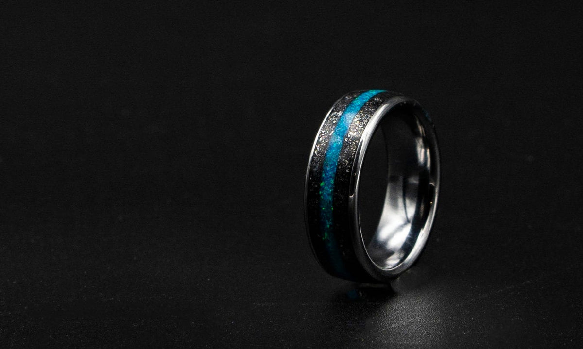 Meteorite opal ring, Tungsten mens ring, mens wedding band, opal engagement ring, wedding band mens, turquoise opal ring, gift for him,