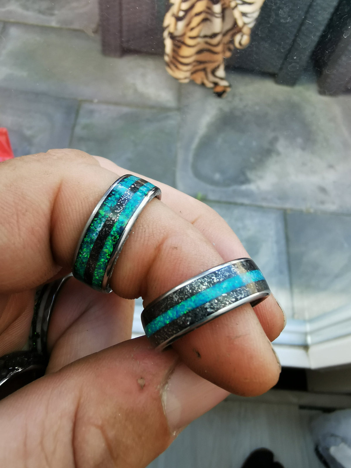Meteorite opal ring, Tungsten mens ring, mens wedding band, opal engagement ring, wedding band mens, turquoise opal ring, gift for him,