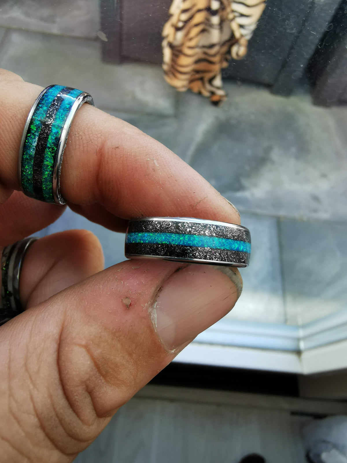Meteorite opal ring, Tungsten mens ring, mens wedding band, opal engagement ring, wedding band mens, turquoise opal ring, gift for him,