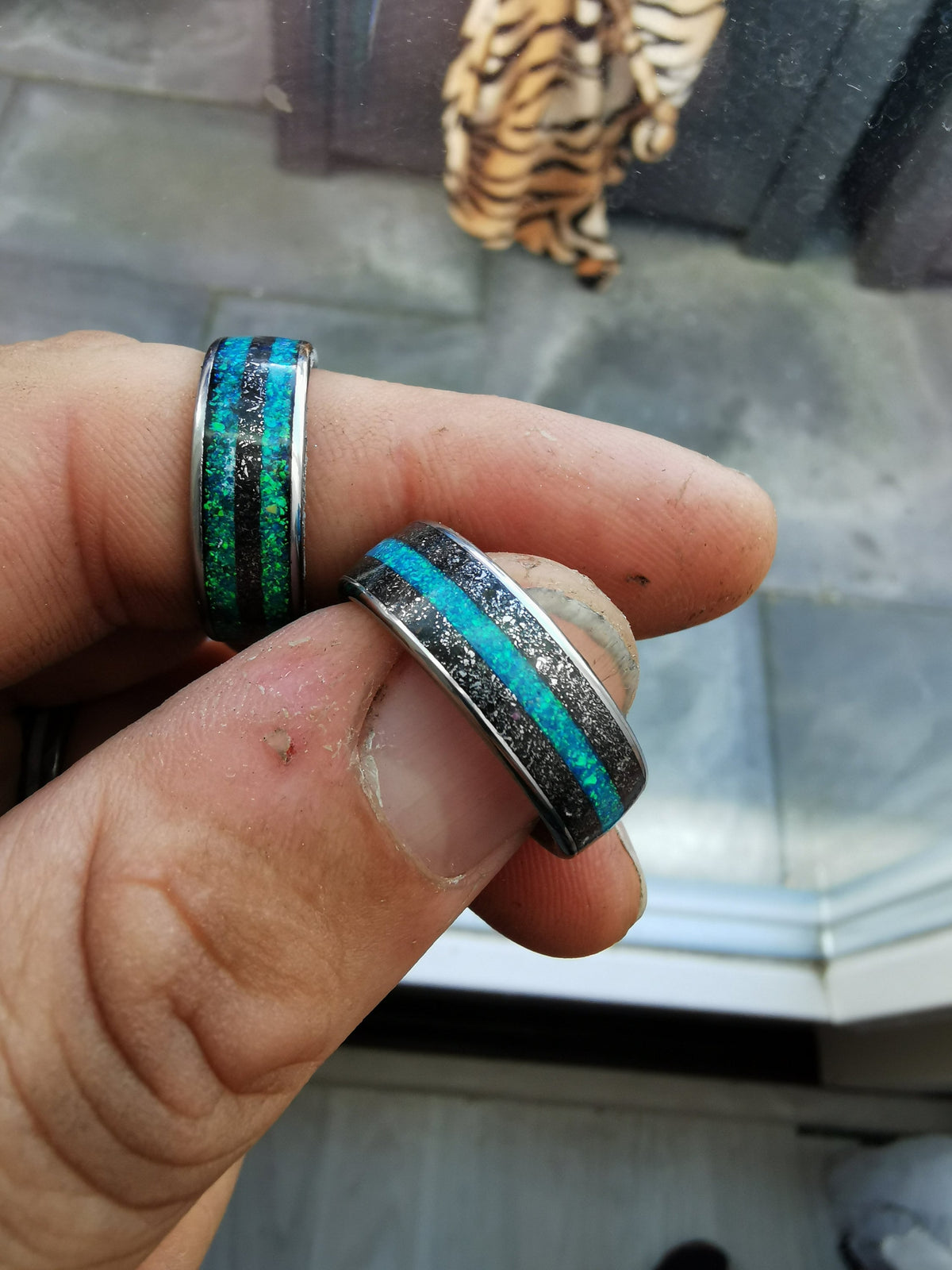 Meteorite opal ring, Tungsten mens ring, mens wedding band, opal engagement ring, wedding band mens, turquoise opal ring, gift for him,