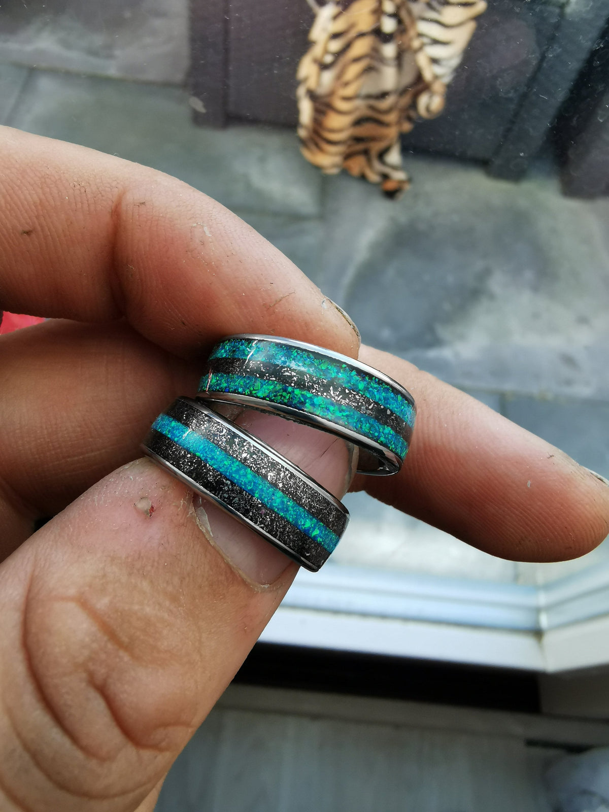 Meteorite opal ring, Tungsten mens ring, mens wedding band, opal engagement ring, wedding band mens, turquoise opal ring, gift for him,
