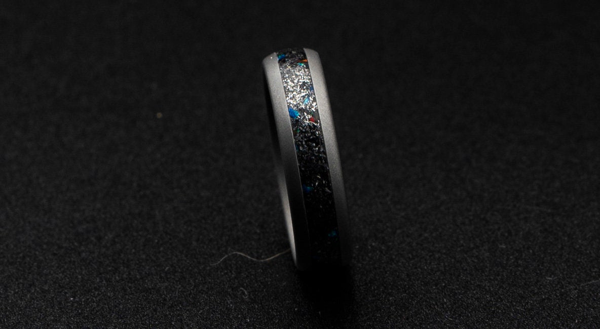 mens meteorite wedding band, galaxy opal ring, red opal, green opal, sandblasted tungsten ring, gunmetal ring, Muonuonalusta meteorite dust.