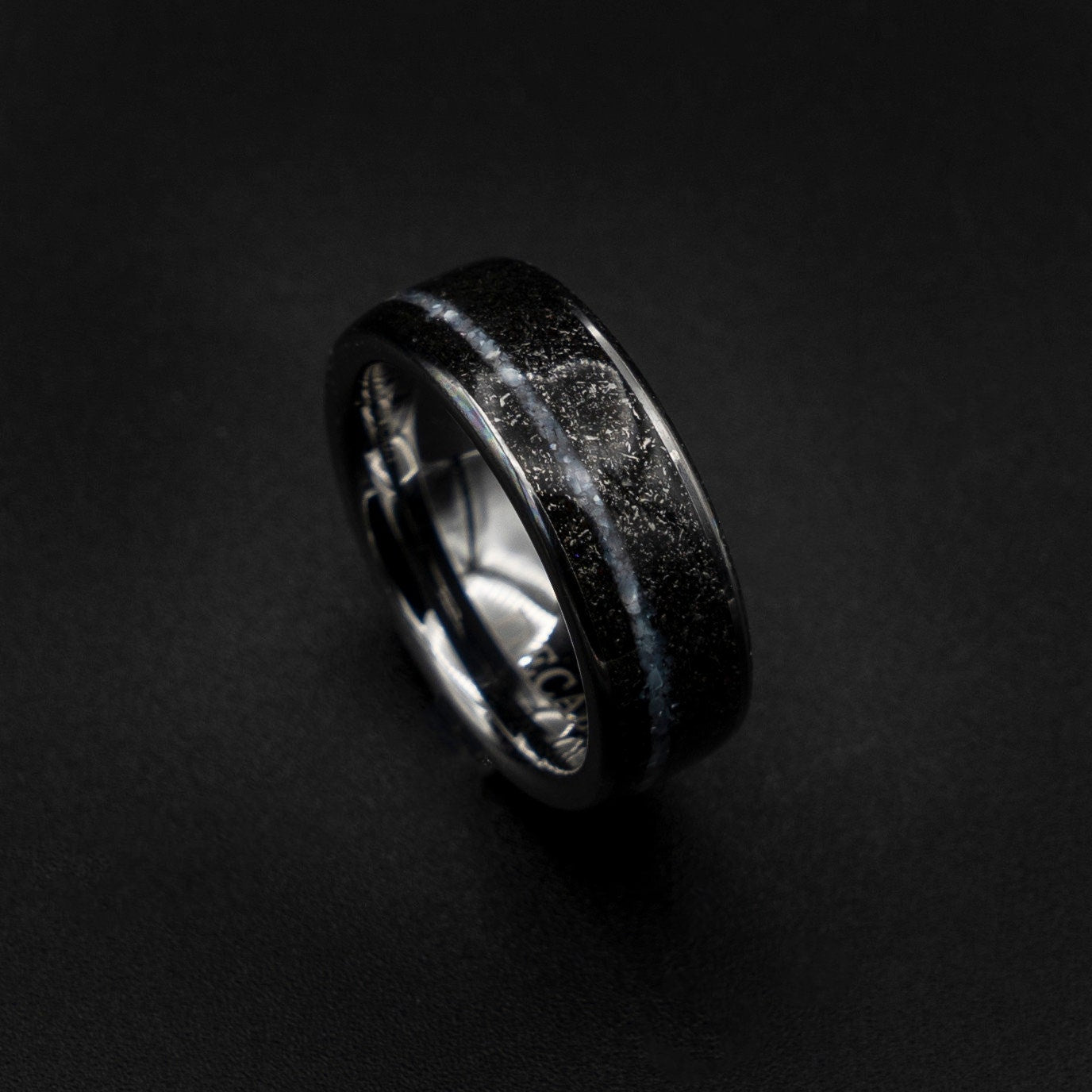 Crushed Pearl Band Ring, Meteorite ring, Black Hammered wedding Ring, Hammered Brushed  Band, Mens Ring, black meteor ring, faceted Ring,