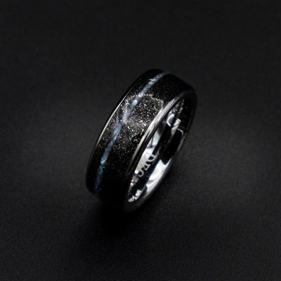 Crushed Pearl Band Ring, Meteorite ring, Black Hammered wedding Ring, Hammered Brushed  Band, Mens Ring, black meteor ring, faceted Ring,