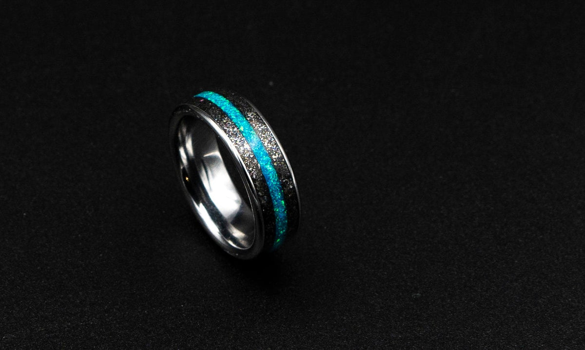 Meteorite opal ring, Tungsten mens ring, mens wedding band, opal engagement ring, wedding band mens, turquoise opal ring, gift for him,